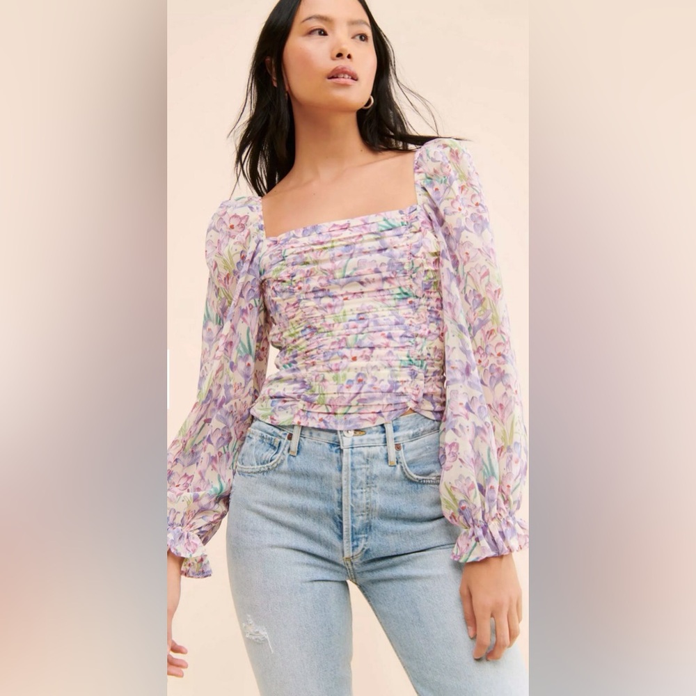ASTR the Label Tonia Blouse - Lavender Floral Smocked Square-Neck Blouse